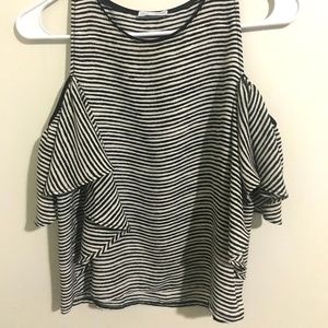 Zara Navy and White Striped Open Shoulder Blouse